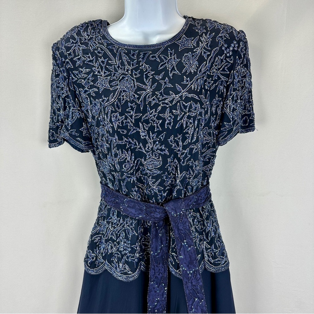 Papell Boutique Silk Beaded Dress Navy Blue Size 8 - Picture 8 of 9